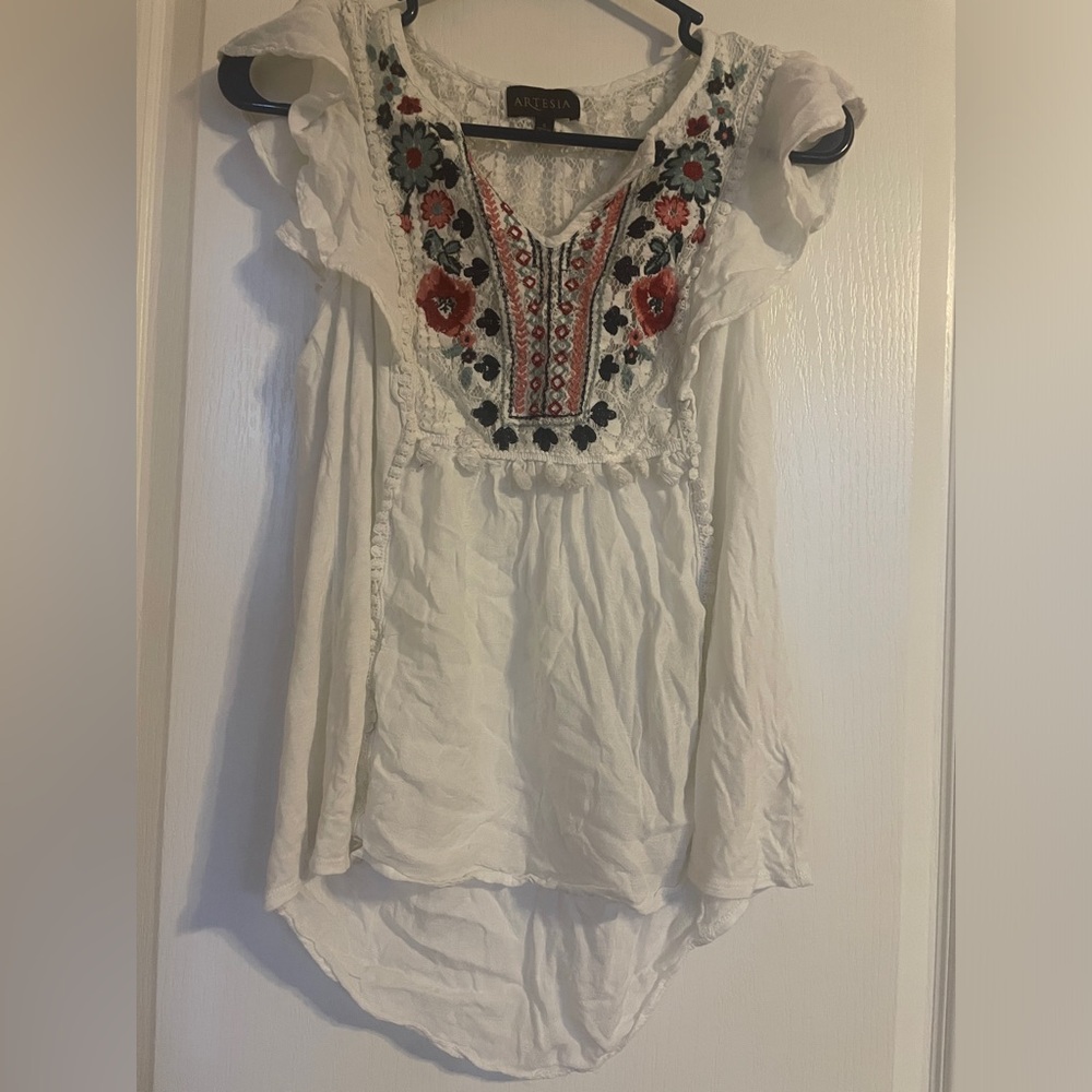 Artesia Floral Embroidered White Lace Blouse Small Boho Cottage Coquette Casual